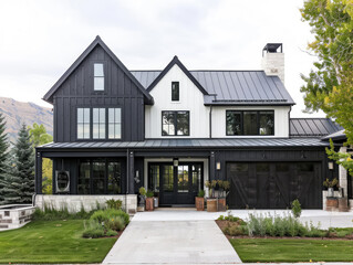 the modern farmhouse cottage design with front yard and backyard landscape using sheet material 