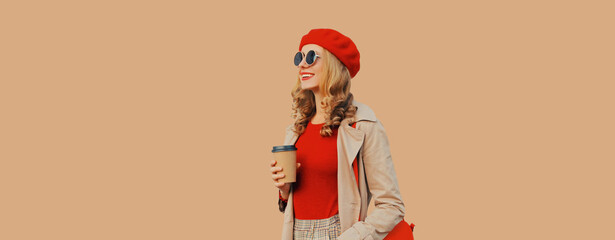 Wall Mural - Autumn fashion, portrait of beautiful happy smiling young woman, stylish girl with cup coffee drink