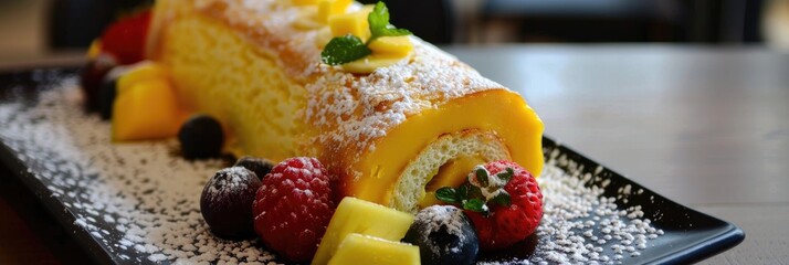 Poster - Homemade mango Swiss roll dessert topped with fresh fruit and powdered sugar