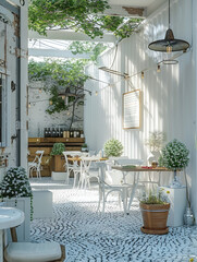 Poster - easy and natural theme cozy cafe design with all white raw wood and maple wood table , many trees and plants 