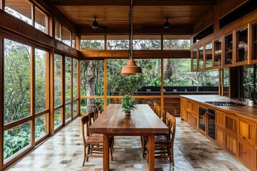 Modern wooden kitchen with large windows and a dining table surrounded by greenery.