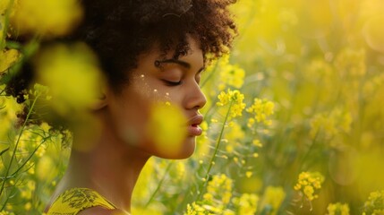 A woman with curly hair is standing in a field of yellow flowers