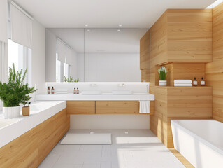 Poster - 3d render of modern white bathroom with wood tiles and window , clean and well lit ,