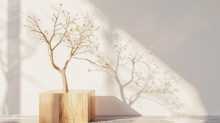 Wall Mural - Wooden cube podium with branches on light background for display with space