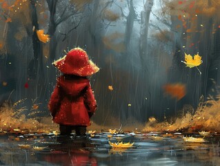 Poster - Autumn Forest Rain: A Child in a Red Coat Amidst Falling Leaves