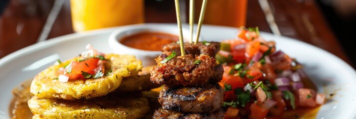 Wall Mural - Delicious Caribbean appetizer featuring homemade cheese and meat skewered on toothpicks, accompanied by patacones and tostones, served with a spicy tomato dip and juice on a white plate.