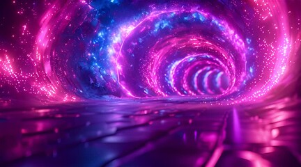 Wall Mural - Abstract Tunnel of Light with Pink and Blue Glowing Neon Lights and Stars.