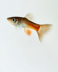 the Roundtail Guppy fish, portrait view, white copy space on right, Isolated on white Background