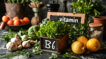 Various fresh vegetables, herbs, and lemons on a dark background with a sign labeled 'Vitamin B6'.