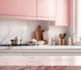 Wall Mural - The empty white marble table top with blur background of pink kitchen. For product display