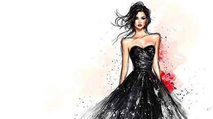 Wall Mural - Fashion illustration of a woman in a black strapless gown.