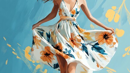 A woman in a floral dress twirls with a joyful expression against a blue sky.