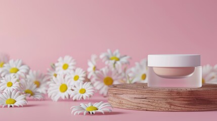 Canvas Print - Mockup of cosmetic product on wooden podium with white daisy flowers on pink background