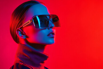 Wall Mural - Elegant Woman in Chrome Eyewear with Solid Neon Coral Highlights, Captured in a Chic Lifestyle Portrait