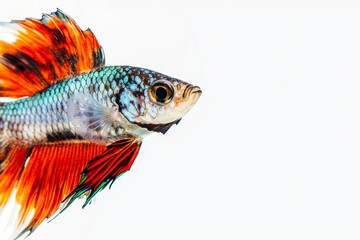 Mystic portrait of Halfmoon Guppy Fish in studio, copy space on right side, Close-up View, isolated on white background