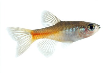 the beside view Delta Tail Guppy Fish, left side view, white copy space on right, Isolated on White Background