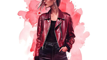 Sticker - A fashionable woman in a red leather jacket with a pink watercolor background.