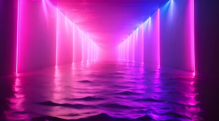Wall Mural - Empty hallway with pink and blue neon lights and concrete floor.