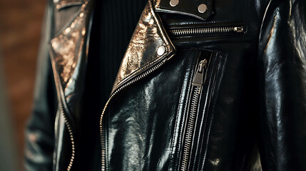 Close up of a black leather jacket with a zipper.