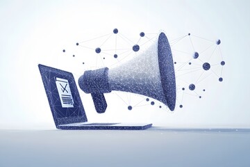 Wall Mural - a wireframe laptop with a megaphone emerging from the screen