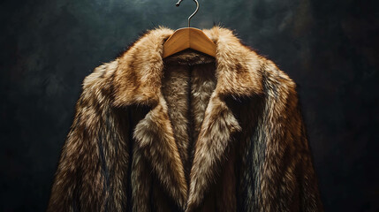 a warm brown fur coat hanging on a wooden hanger against a dark background.