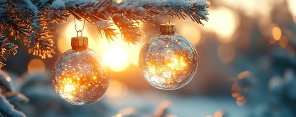 Two shiny Christmas ornaments hanging on a snow-covered pine branch with sunset light reflecting in the background.