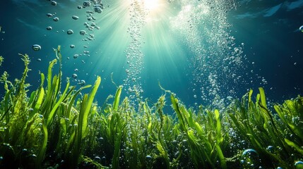 Sunlight shines through the water onto a vibrant underwater meadow of seaweed.