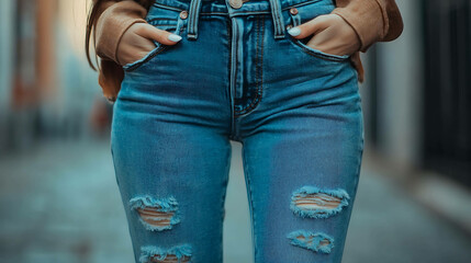 Wall Mural - Close-up of a woman wearing ripped blue jeans.