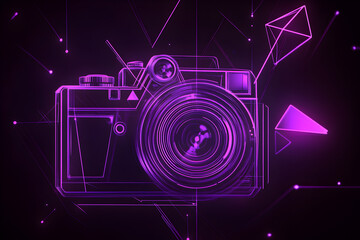 Futuristic neon purple film camera icon silhouette isolated on black background.