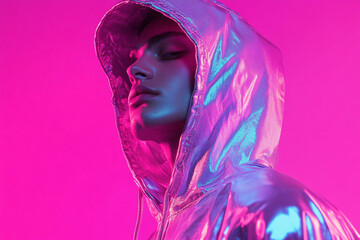 Fashion Portrait of Men in Holographic Hoodie & Neon Pink Background Lifestyle