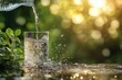 © Ashalina - Water being poured into a glass, creating a splash with a green and blurred background.