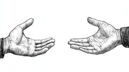 A black and white sketch of two hands reaching out towards each other, fingers extended but not meeting, suggesting connection or support.