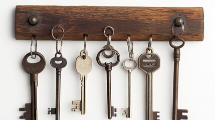 A set of vintage keys of different shapes and sizes neatly hung on a wooden key holder, representing history, security, and nostalgia in a rustic setting.