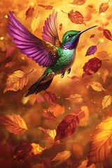 Wall Mural - there is a hummingbird flying through the air surrounded by leaves