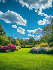 Wall Mural - there is a green lawn with a bunch of flowers in the middle