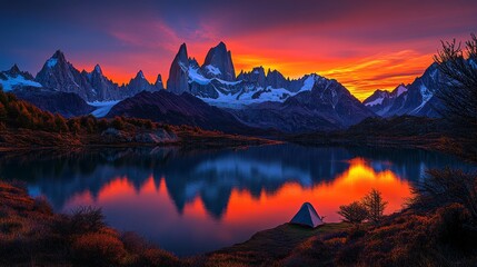 Wall Mural - A stunning sunset casting vibrant colors over majestic mountains and their reflection in a calm lake. The scene includes a small tent, suggesting it's an adventure or camping setup.