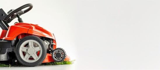 View of a modern petrol lawn mower. Professional gardening work tools