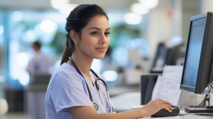 detailed portrait of a young nurse at the reception desk, answering a phone call while working on a desktop computer, reflecting the busy and organized environment of a hospital. P