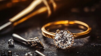 making jewelry by hand. ring repair. connecting the diamond and ring. close-up image