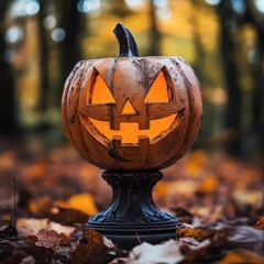 Wall Mural - Classic carved pumpkin on a pedestal surrounded by autumn leaves