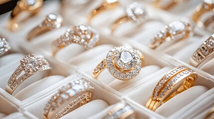 Jewelry rings made of gold and diamonds on display in a high-end retail establishment