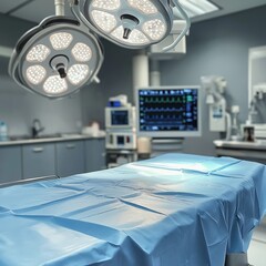 empty operating room with sterile blue sheet on the table, bright surgical lights, and medical equip