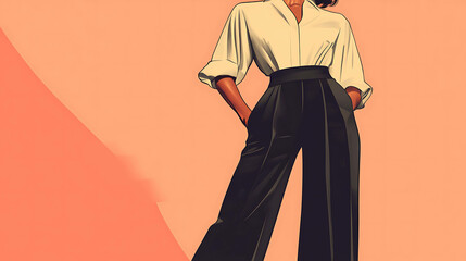 Sticker - Fashion illustration of a woman wearing a white shirt and black high-waisted pants.