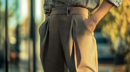 Wall Mural - Close up of woman wearing high waisted, pleated pants and striped shirt.