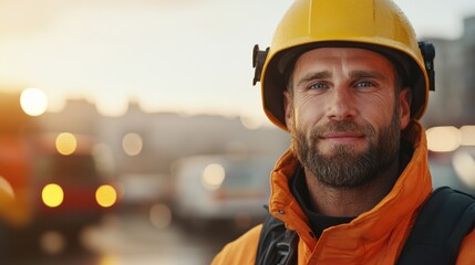 Minimalist depiction of a firefighter in emergency services with a serene expression professional portrait against a softly faded background in a rescue environment with ample copy space for text safe