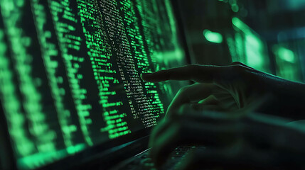 a person's hand points at a computer screen with green code on it.