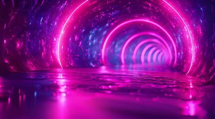 Wall Mural - Neon glow and colorful lights in a dark tunnel.