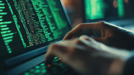 A programmer's hands typing code on a laptop with a green screen.