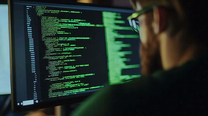 Programmer working late at night, looking at code on his computer screen.