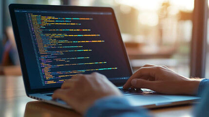 Close-up of hands typing code on a laptop.